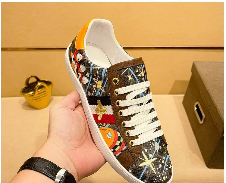 Faionable Casual oes Men's Leather Printed Flat Bot Sneakers Summer Season round Toe Rubber Outsole Glue-Welded Crt