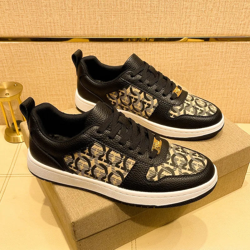 European New Shoes for Men Genuine Leather Patchwork Casual Shoes Trend Flat Skateboard Shoes Youth Cool Lace-up Sneakers