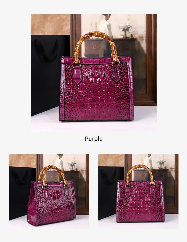 2025 New crocodile-patterned middle-aged mom bag, genuine bamboo joint handle handbag, high-end single-shoulder crossbody bag