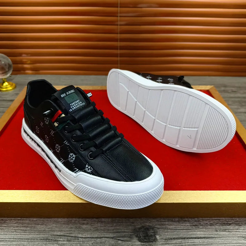 European New Shoes for Men Genuine Leather Casual Shoes Trend Print Flats Skateboard Shoes Youth Street Sneakers