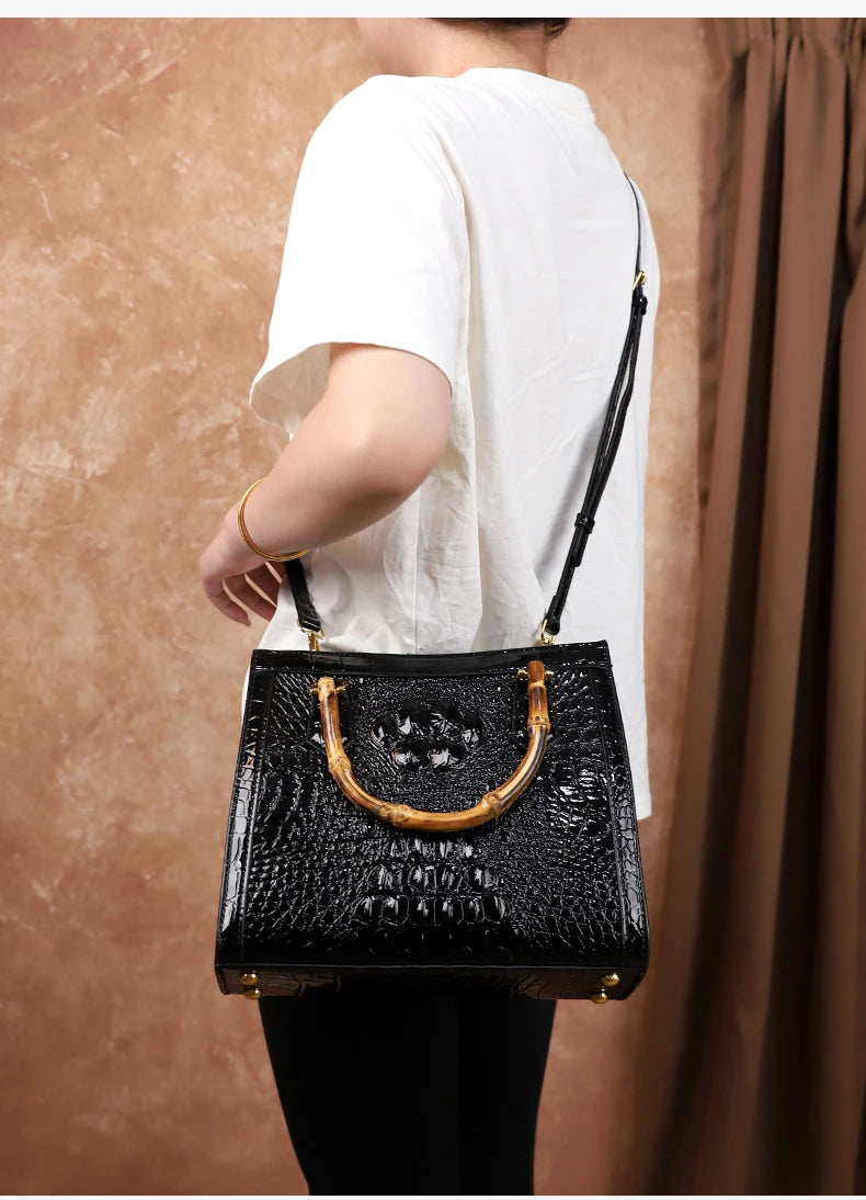 2025 New crocodile-patterned middle-aged mom bag, genuine bamboo joint handle handbag, high-end single-shoulder crossbody bag