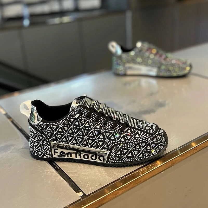 Luxury New Designer Men's Charm Rhinestone Lace Up All Match Platform Causal Shoes Male Flats Moccasins Walking Sneakers Zapatos