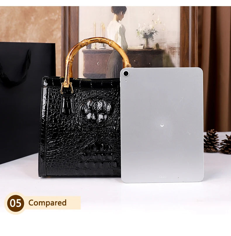 2025 New crocodile-patterned middle-aged mom bag, genuine bamboo joint handle handbag, high-end single-shoulder crossbody bag