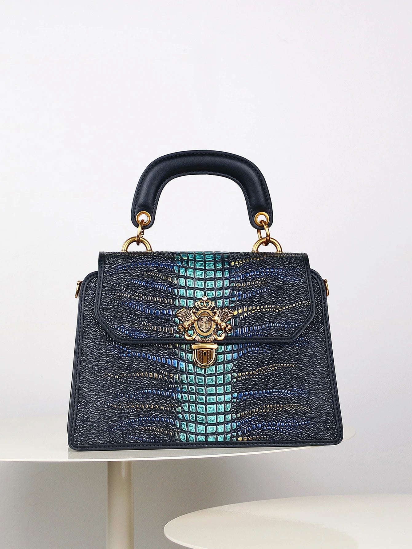 High-end customized 2024 new retro women's bag, fashion trend heavy industry luxury blue gold snake pattern lock handbag mature