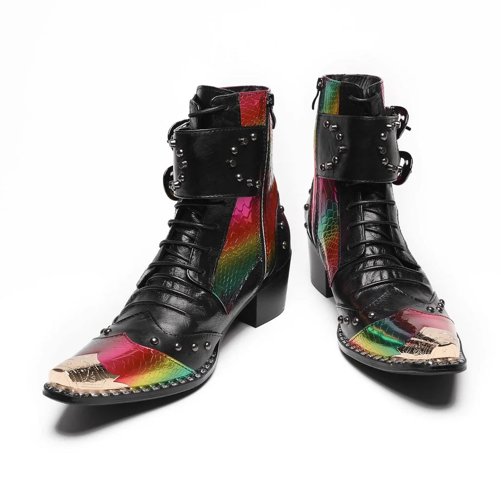 HS41 Handmade Cool Genuine Leather Ankle Men's Boots Pointed Toe Punk Motorcycle Black Boots for Man Big Sizes