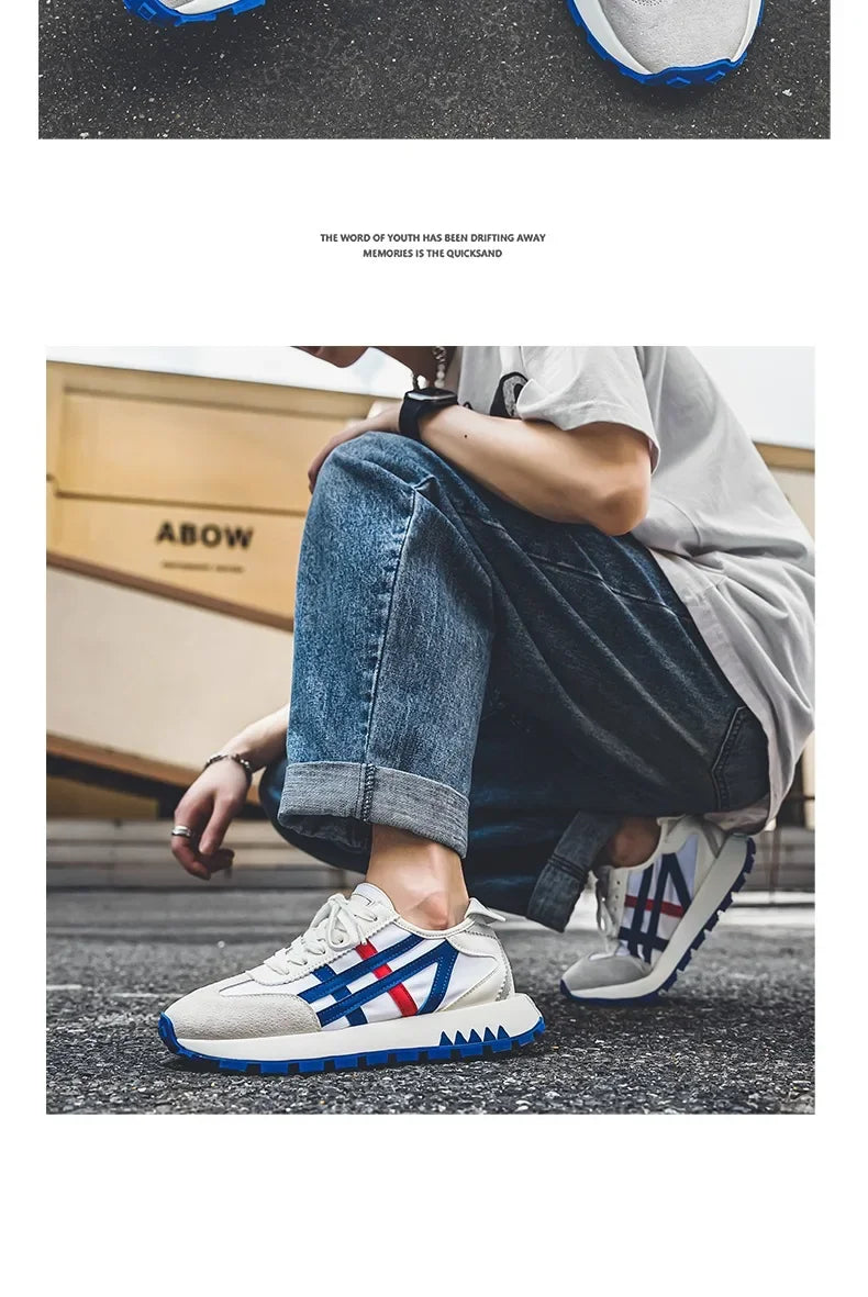 Men's classic running shoes with lace up flat bottom, sports soft sole, breathable walking canvas, Forrest Gump