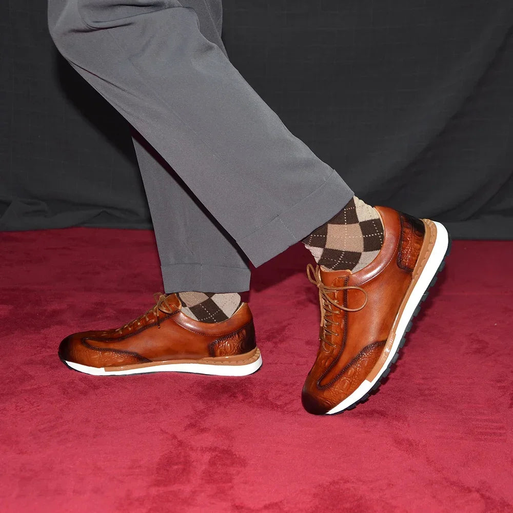 Men's Oxford Sneaker Cow Genuine Leather Crocodile Pattern Fashion Man Casual Shoes Lace-Up Business Office Walk Male Footwear