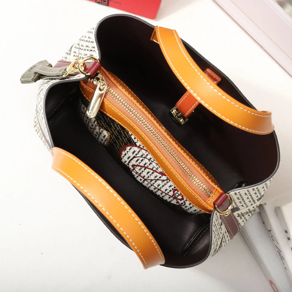 Street Style Bucket Bag Women's Crossbody Handbag PU Material Medium Size Printed Element Autumn Winter Fashion Tote Bag