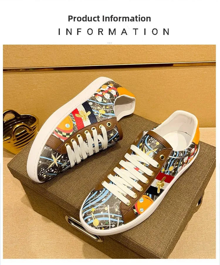 Faionable Casual oes Men's Leather Printed Flat Bot Sneakers Summer Season round Toe Rubber Outsole Glue-Welded Crt