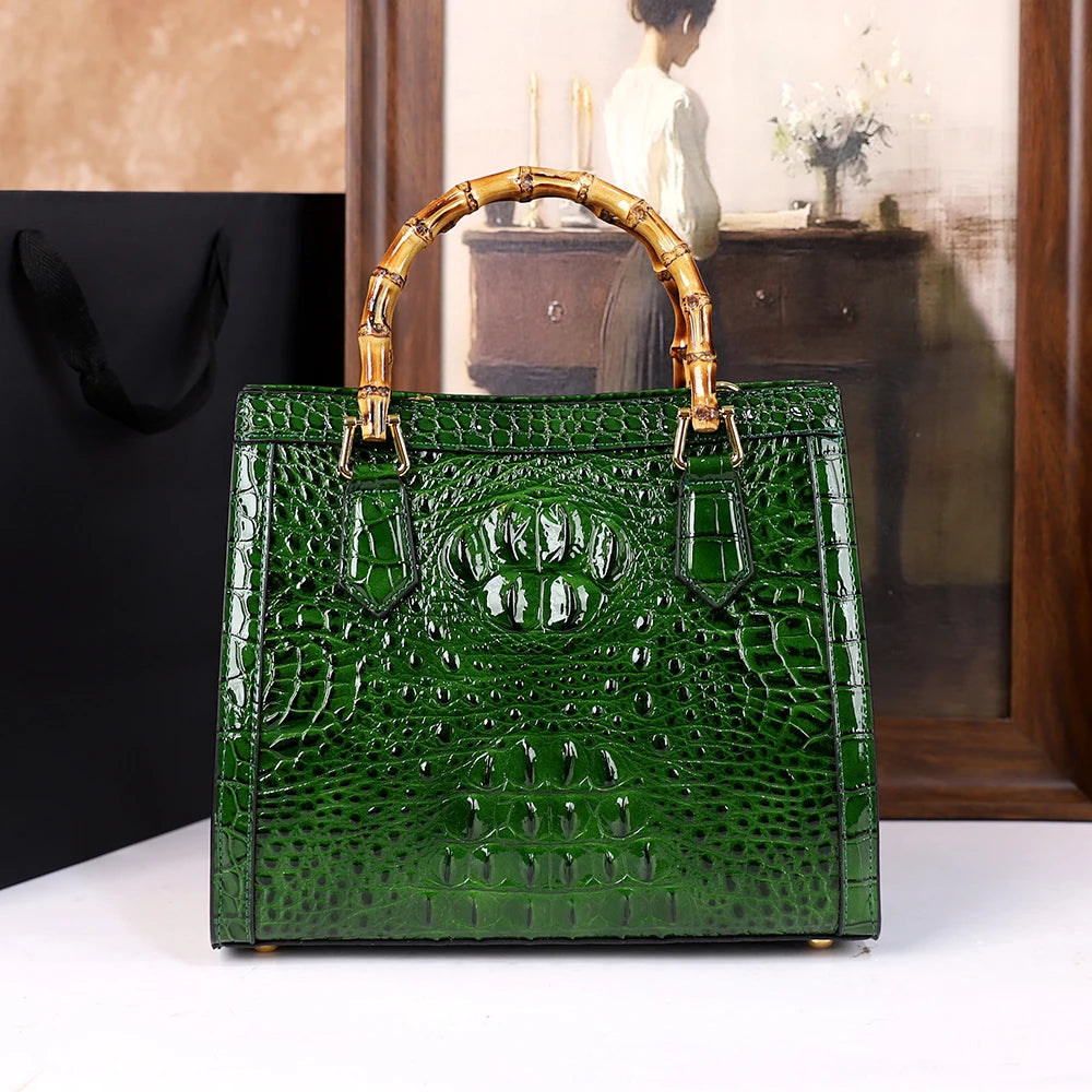 2025 New crocodile-patterned middle-aged mom bag, genuine bamboo joint handle handbag, high-end single-shoulder crossbody bag