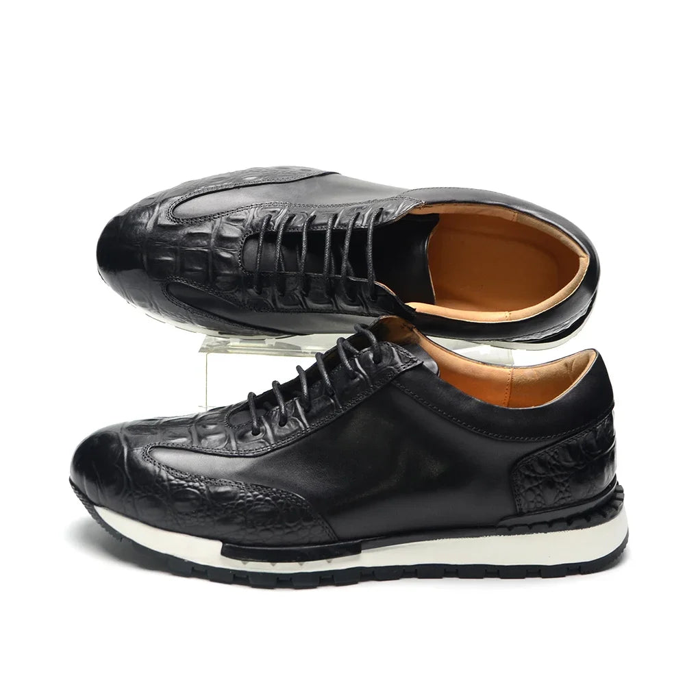 Men's Oxford Sneaker Cow Genuine Leather Crocodile Pattern Fashion Man Casual Shoes Lace-Up Business Office Walk Male Footwear