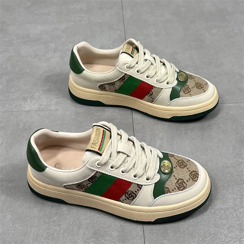 Hong Kong Women's Color Blo Board oes Spring Autumn New Thi Bot Genuine Leather Versatile White Sneakers Dir Sport...