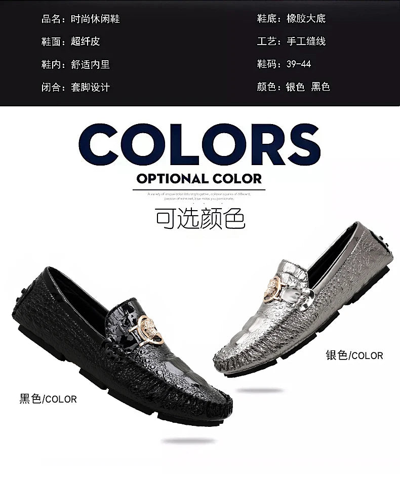 Slip-On Men's Shoes Crocodile Pattern 2025 Spring and Summer Fashion British Trendy Bright Leather Shiny Lazy Casual Beanie Shoes Handmade