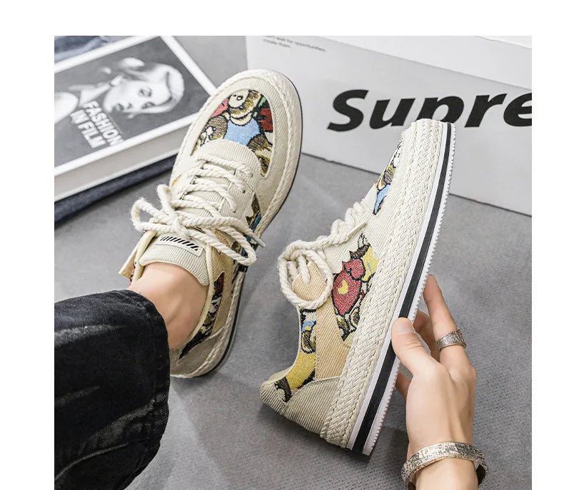 Men's Canvas Shoes Summer Breathable Sports Casual Work Shoes Soft Bottom Wear-resistant Corduroy Loafers Flat Rubber Sole