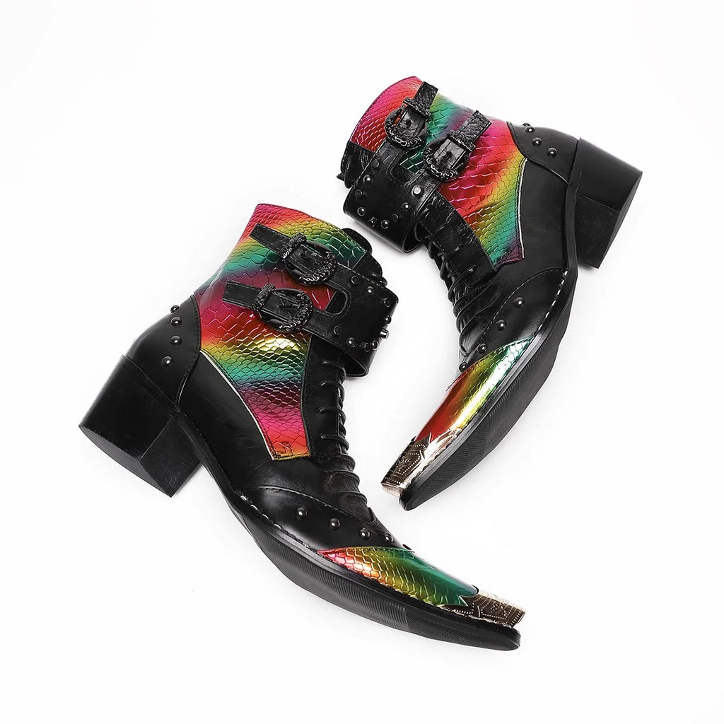 HS41 Handmade Cool Genuine Leather Ankle Men's Boots Pointed Toe Punk Motorcycle Black Boots for Man Big Sizes