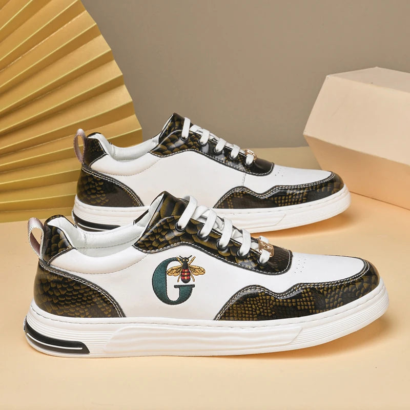 Italian Designer Men's Casual Bee Shoes, Luxurious and Fashionable Genuine Leather Business Shoes, Classic Sports Shoes