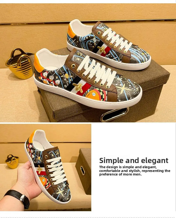 Faionable Casual oes Men's Leather Printed Flat Bot Sneakers Summer Season round Toe Rubber Outsole Glue-Welded Crt