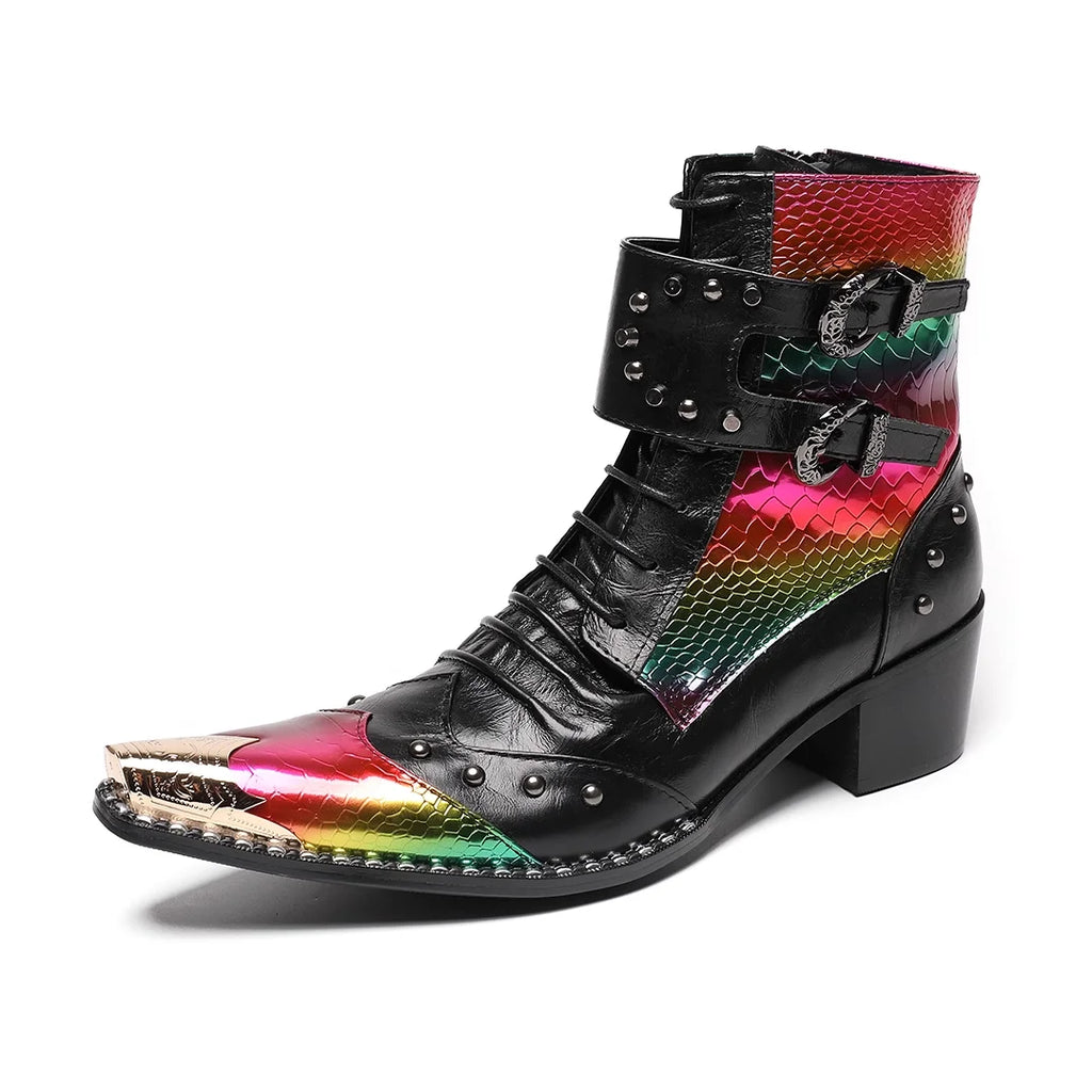 HS41 Handmade Cool Genuine Leather Ankle Men's Boots Pointed Toe Punk Motorcycle Black Boots for Man Big Sizes