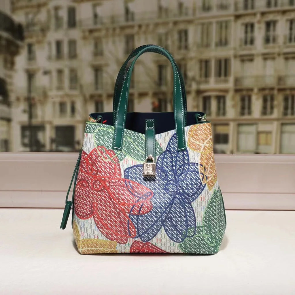 Street Style Bucket Bag Women's Crossbody Handbag PU Material Medium Size Printed Element Autumn Winter Fashion Tote Bag