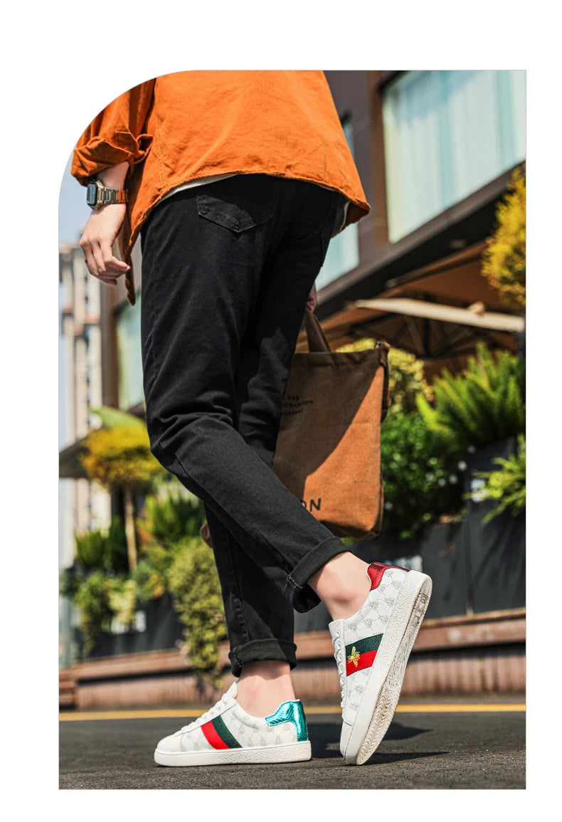 Brand Fashion Embroidered Bee Shoes Man Quality Genuine Leather Men's Skate Shoes Luxury Designer Sneakers zapatos de skateboard