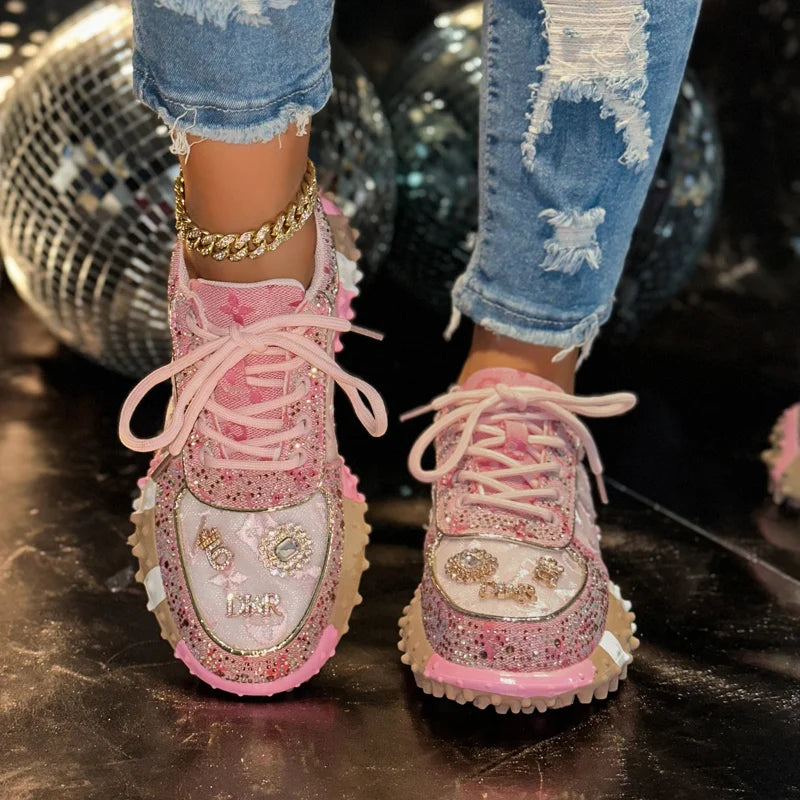 Luxury Designer Women's Sneakers Fashion Luxury Rhinestone Ladies Shoes 2025 New Outdoor Platform Female Sports Shoes Vulcanize