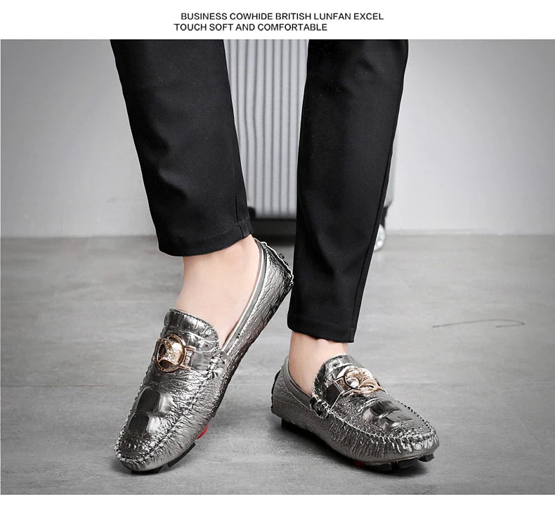 Slip-On Men's Shoes Crocodile Pattern 2025 Spring and Summer Fashion British Trendy Bright Leather Shiny Lazy Casual Beanie Shoes Handmade