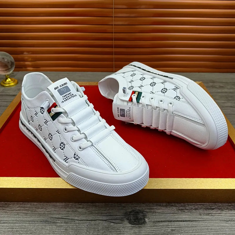 European New Shoes for Men Genuine Leather Casual Shoes Trend Print Flats Skateboard Shoes Youth Street Sneakers