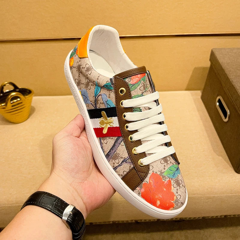 Faionable Casual oes Men's Leather Printed Flat Bot Sneakers Summer Season round Toe Rubber Outsole Glue-Welded Crt