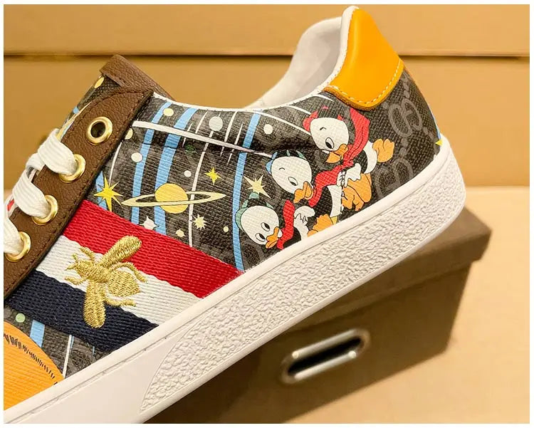 Faionable Casual oes Men's Leather Printed Flat Bot Sneakers Summer Season round Toe Rubber Outsole Glue-Welded Crt