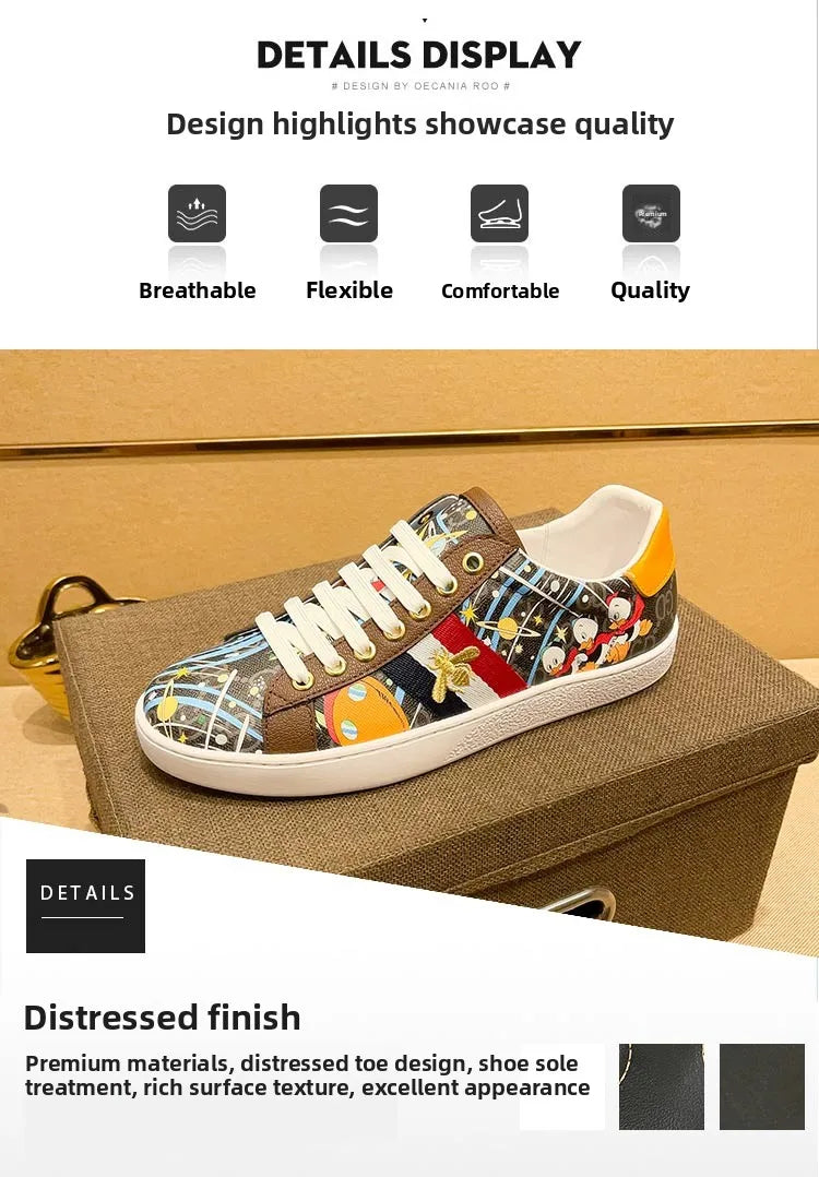 Faionable Casual oes Men's Leather Printed Flat Bot Sneakers Summer Season round Toe Rubber Outsole Glue-Welded Crt