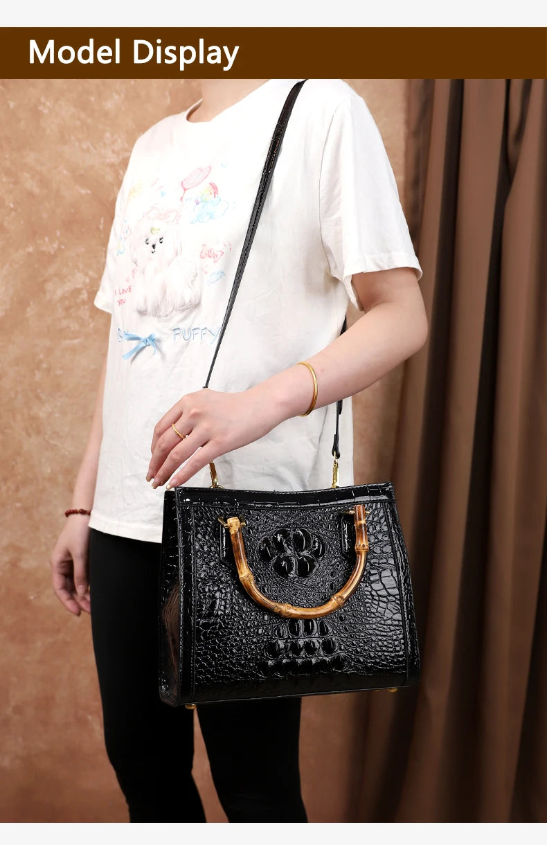 2025 New crocodile-patterned middle-aged mom bag, genuine bamboo joint handle handbag, high-end single-shoulder crossbody bag
