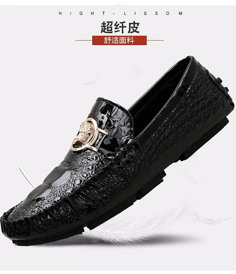 Slip-On Men's Shoes Crocodile Pattern 2025 Spring and Summer Fashion British Trendy Bright Leather Shiny Lazy Casual Beanie Shoes Handmade