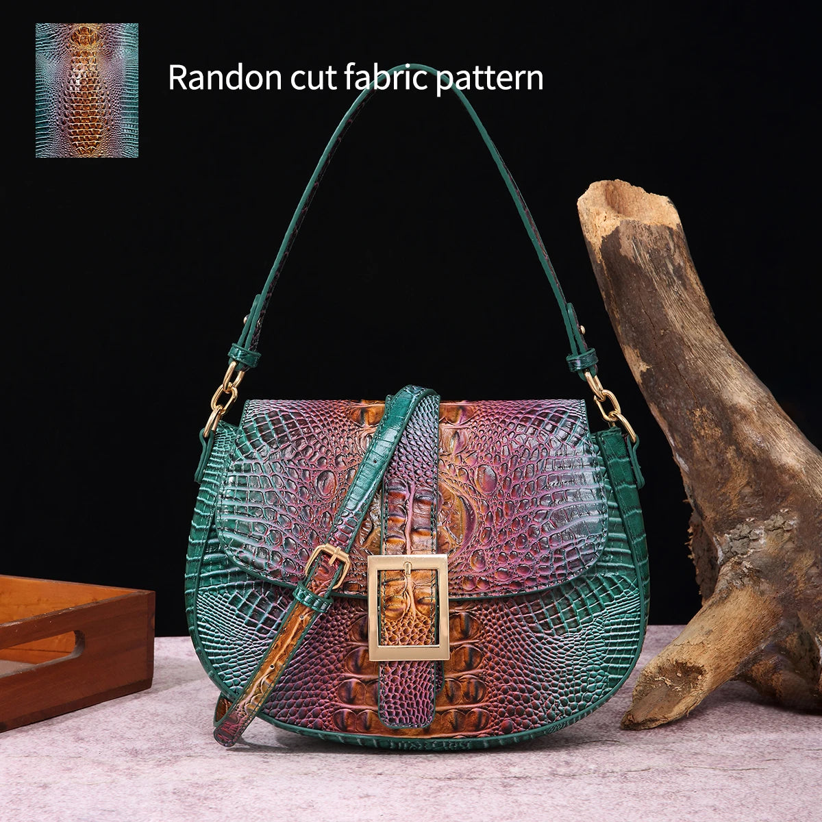 Saddle bag with large buckle and crocodile pattern, colorful underarm bag, single shoulder bag with shoulder strap and crossbody