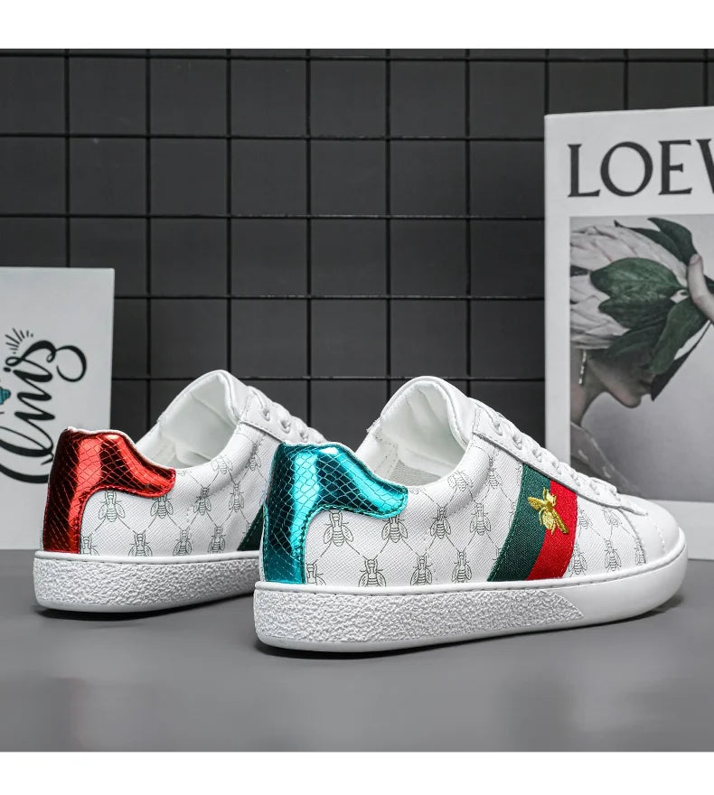 Brand Fashion Embroidered Bee Shoes Man Quality Genuine Leather Men's Skate Shoes Luxury Designer Sneakers zapatos de skateboard