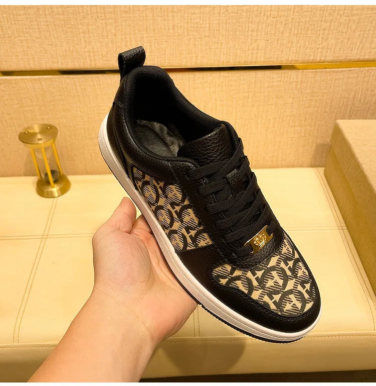 European New Shoes for Men Genuine Leather Patchwork Casual Shoes Trend Flat Skateboard Shoes Youth Cool Lace-up Sneakers