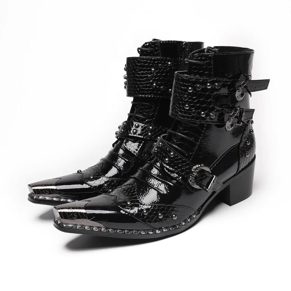 HS41 Handmade Cool Genuine Leather Ankle Men's Boots Pointed Toe Punk Motorcycle Black Boots for Man Big Sizes
