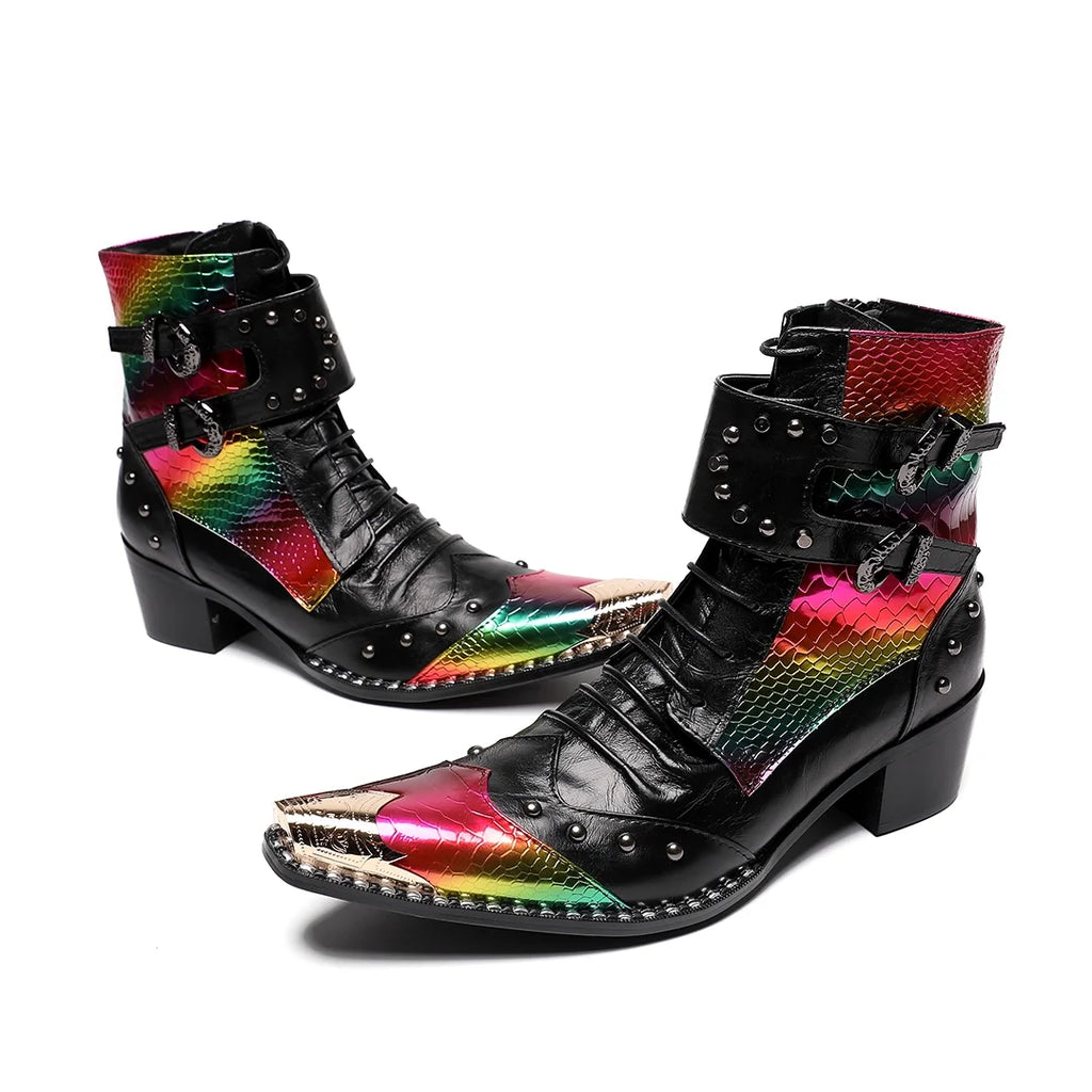 HS41 Handmade Cool Genuine Leather Ankle Men's Boots Pointed Toe Punk Motorcycle Black Boots for Man Big Sizes