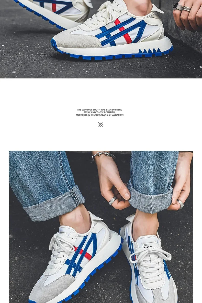 Men's classic running shoes with lace up flat bottom, sports soft sole, breathable walking canvas, Forrest Gump