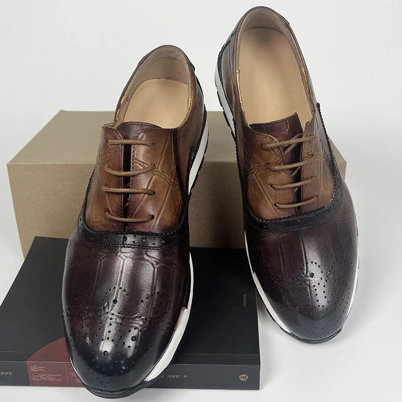 Mens Sneaker Shoes Genuine Cow Leather Oxford Brogue Luxury Designer Lace Up Autumn Daily Casual Shoes for Men