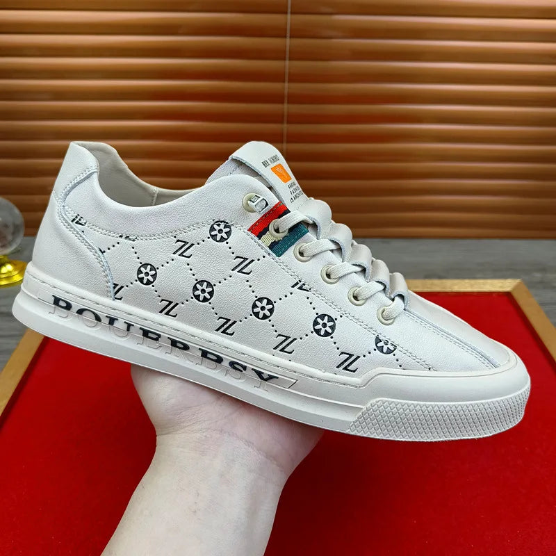 European New Shoes for Men Genuine Leather Casual Shoes Trend Print Flats Skateboard Shoes Youth Street Sneakers