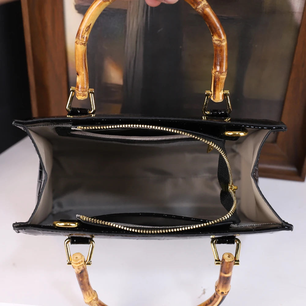 2025 New crocodile-patterned middle-aged mom bag, genuine bamboo joint handle handbag, high-end single-shoulder crossbody bag