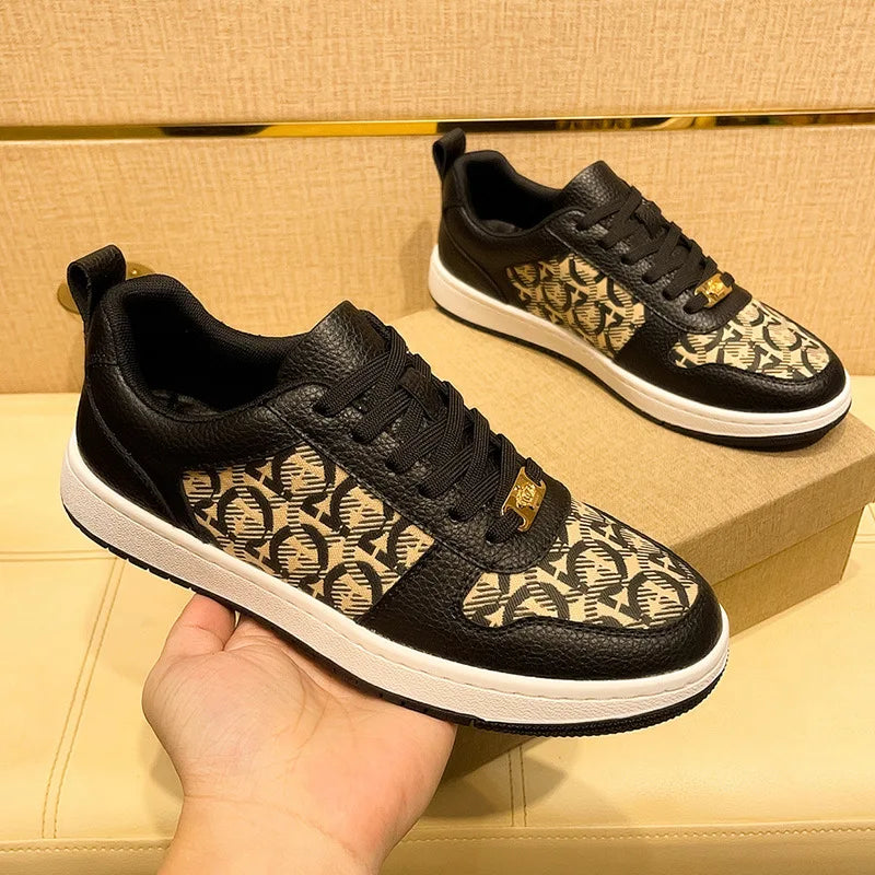 European New Shoes for Men Genuine Leather Patchwork Casual Shoes Trend Flat Skateboard Shoes Youth Cool Lace-up Sneakers