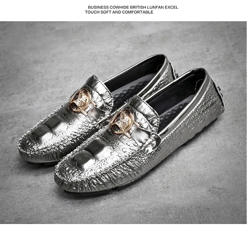 Slip-On Men's Shoes Crocodile Pattern 2025 Spring and Summer Fashion British Trendy Bright Leather Shiny Lazy Casual Beanie Shoes Handmade