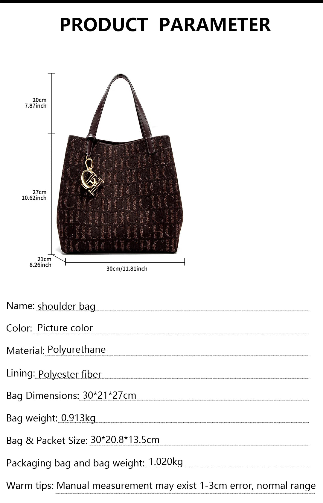 CH Women's Handbag Large Capacity Women's Simple Daily Commute Versatile Solid Color Letter Printed Design Shoulder Bag
