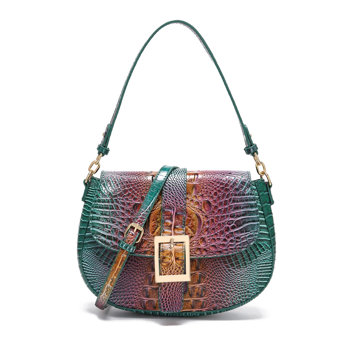 Saddle bag with large buckle and crocodile pattern, colorful underarm bag, single shoulder bag with shoulder strap and crossbody