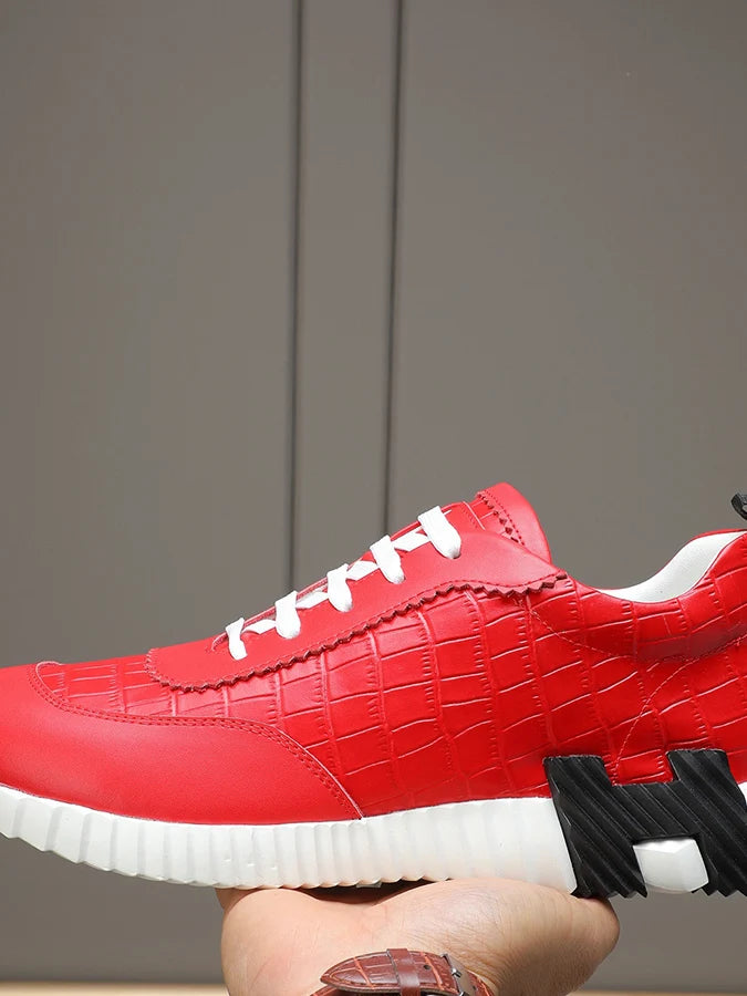 Bongjani Men's Breathable Red Leather Sport oes Casual Faionable All-Season Low-Top Stitched Rubber Sole round Toe oes