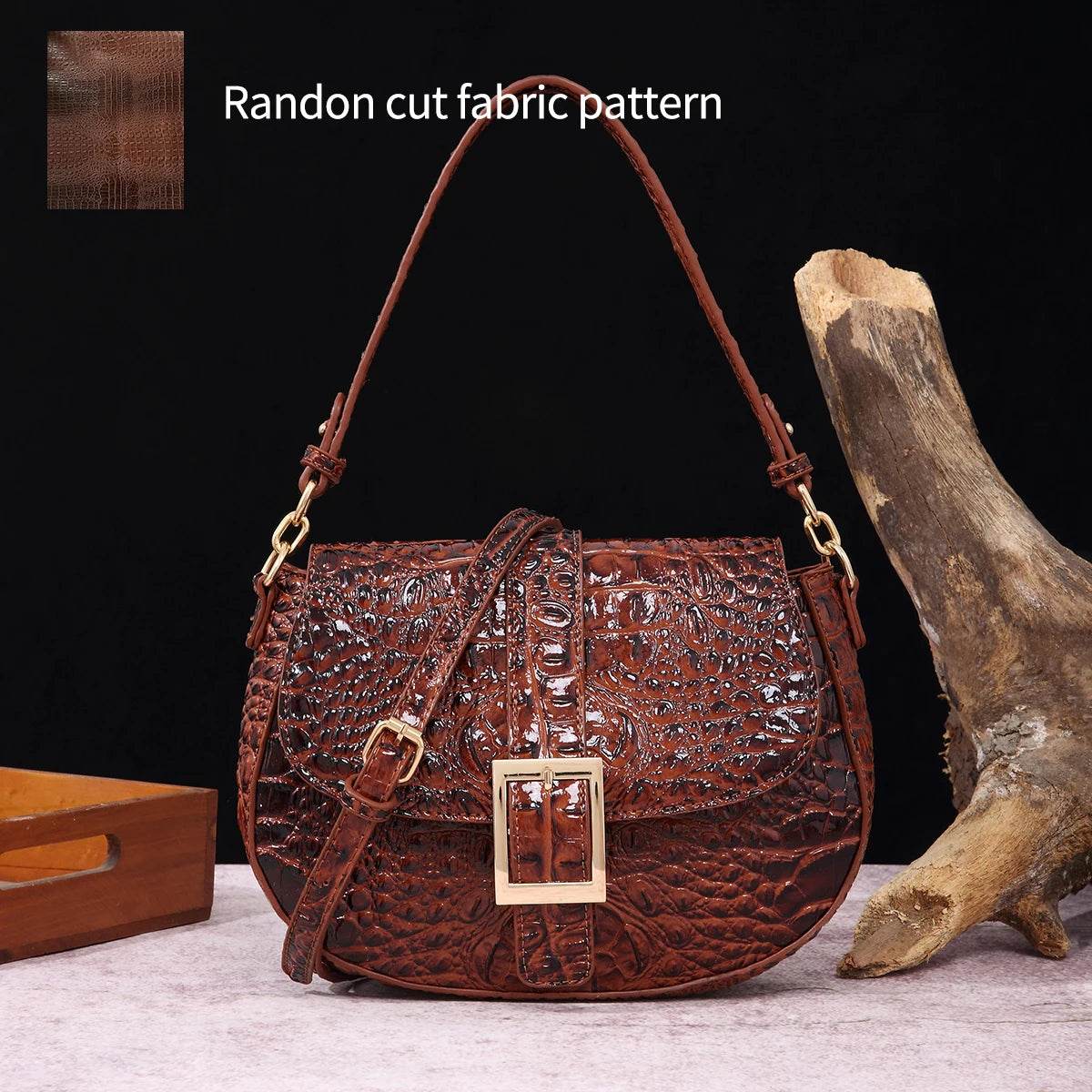 Saddle bag with large buckle and crocodile pattern, colorful underarm bag, single shoulder bag with shoulder strap and crossbody