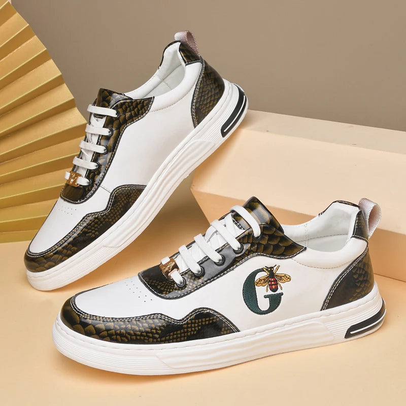 Italian Designer Men's Casual Bee Shoes, Luxurious and Fashionable Genuine Leather Business Shoes, Classic Sports Shoes