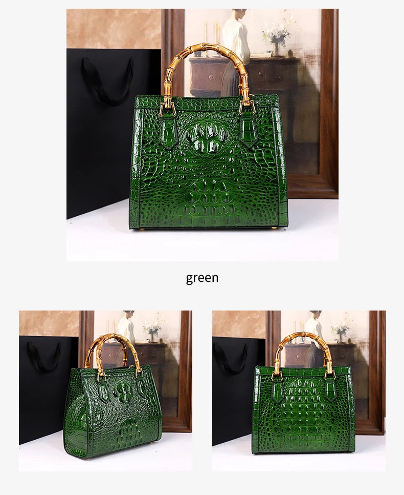 2025 New crocodile-patterned middle-aged mom bag, genuine bamboo joint handle handbag, high-end single-shoulder crossbody bag