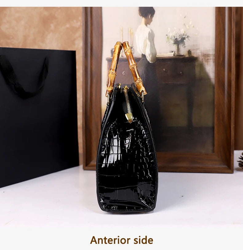 2025 New crocodile-patterned middle-aged mom bag, genuine bamboo joint handle handbag, high-end single-shoulder crossbody bag